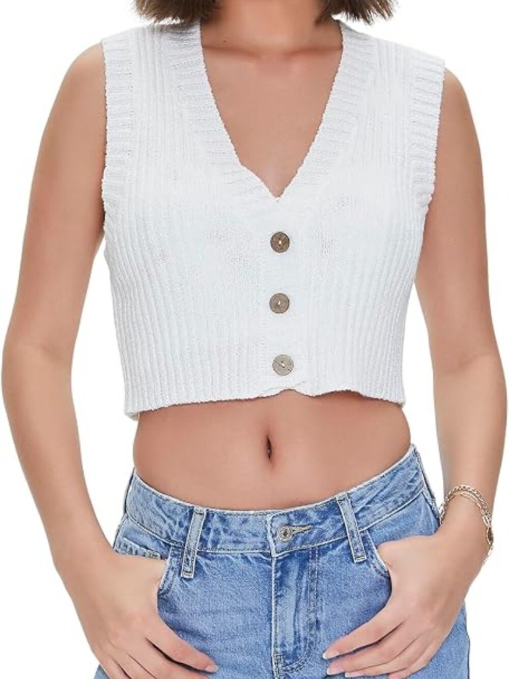 Forever 21 Cream Ribbed Knit V Neck Button Front Cropped Sweater‎ Vest Women Med